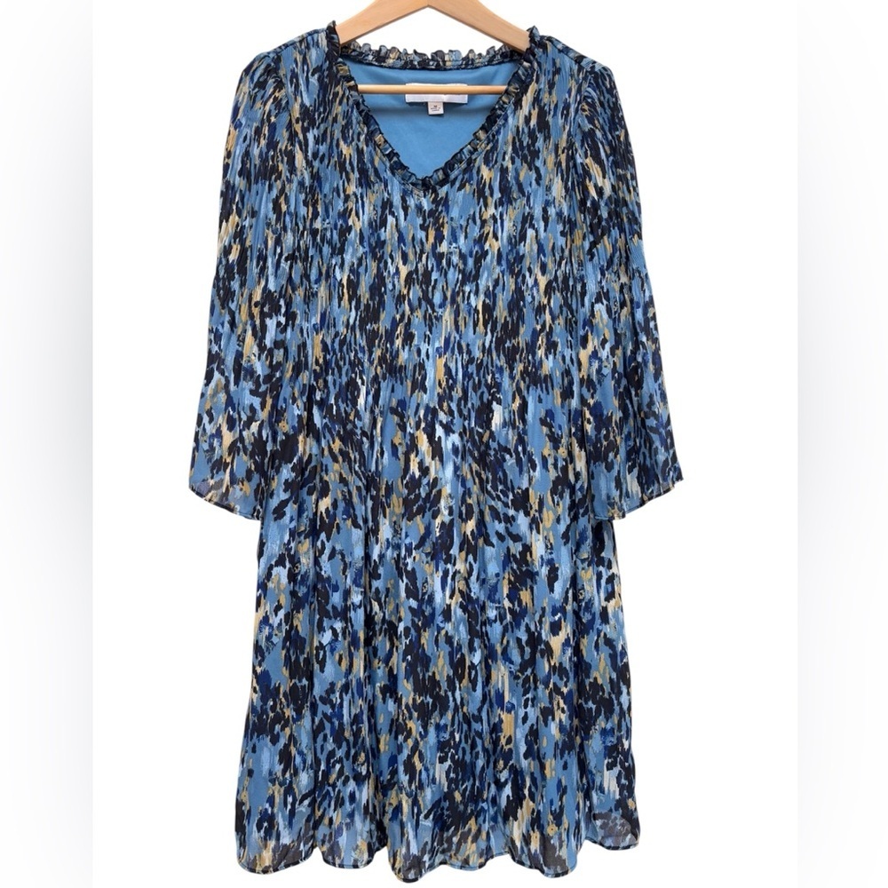 Emma & Michele Abstract Animal Print Pleated Shift Dress Boho Blue Tan Medium